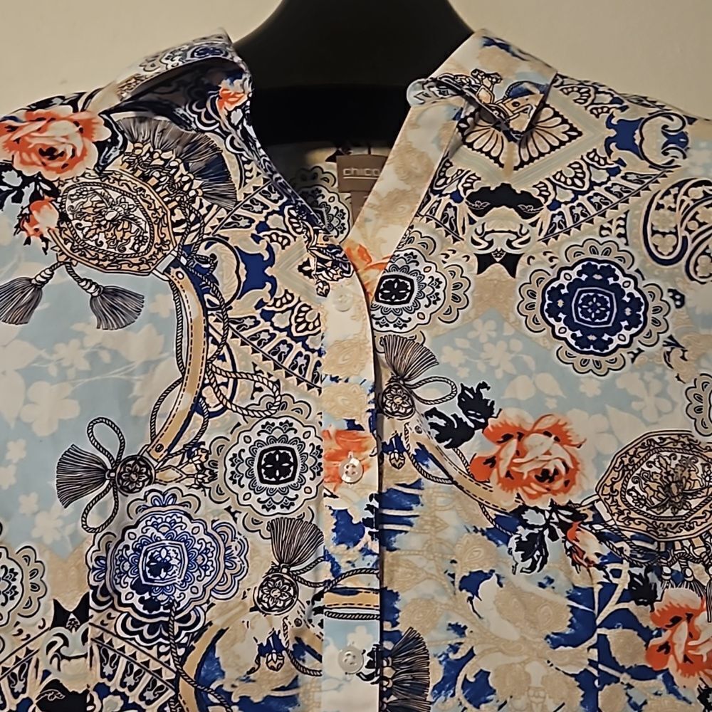 Chico’s 100% Linen Non-Iron Floral Loop-Back Tunic Button Up Shirt Chico's 2 (L) - Picture 3 of 5